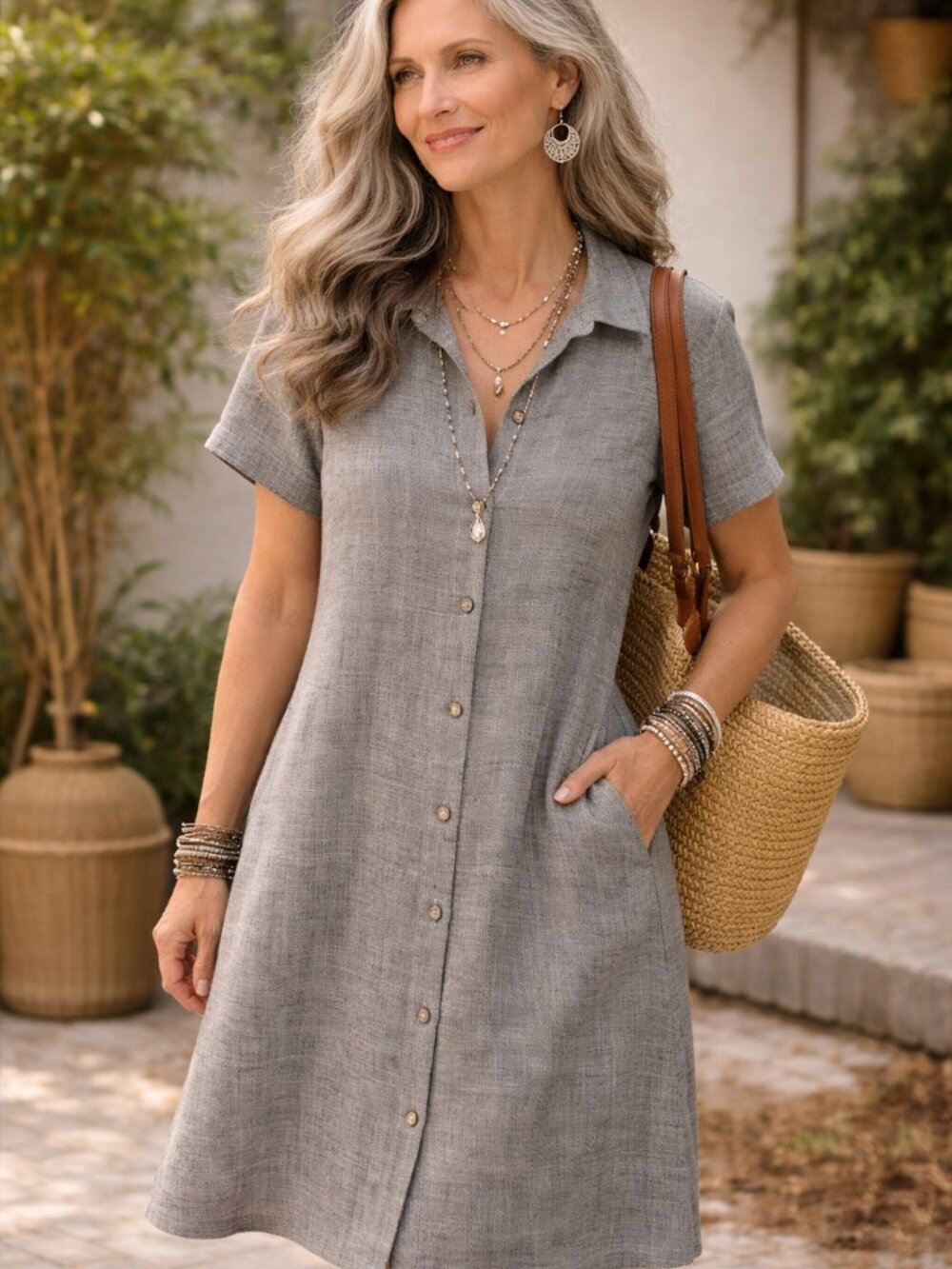 Hot Cotton by Marc Ware Linen Blend Shirt Dress Grey Houndstooth Button Front XL